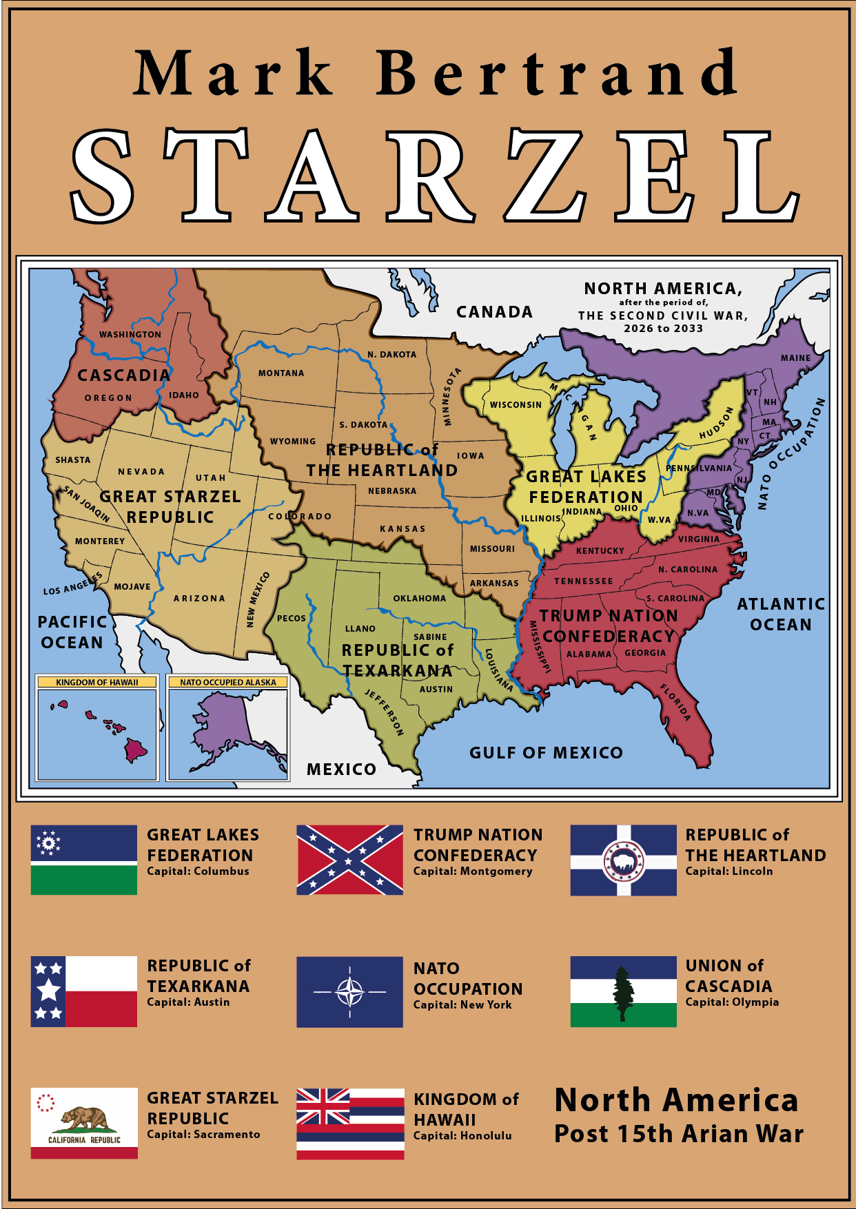 book cover for starzel with map of north america depecting six separate countries following the wars