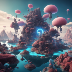 A photo of a surreal landscape, with floating islands and strange creatures.