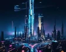 A breathtaking view of a futuristic metropolis, where towering skyscrapers pierce the clouds and sleek flying vehicles traverse the skyline.