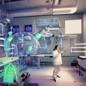 A photo of a scientist working in a laboratory, surrounded by complex scientific equipment and equations.]