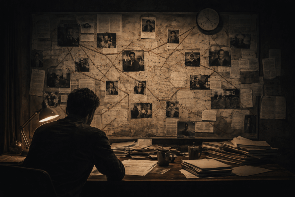 bluff protocol image of a crime board of information and photos