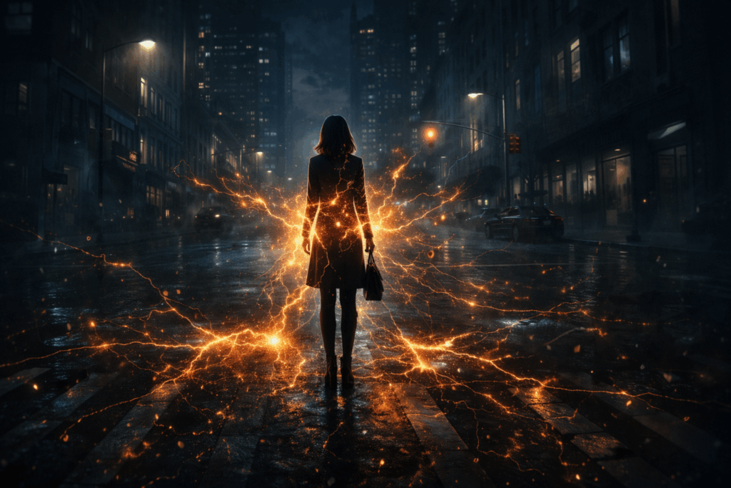 Books like broken light image with Woman standing alone in a dark city street as glowing energy bursts outward around her