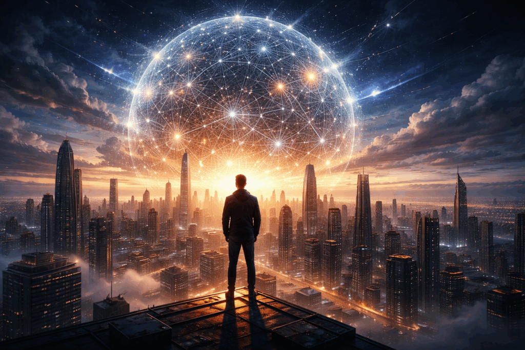 books like the future image of A lone figure overlooking a futuristic city beneath a glowing artificial intelligence sphere