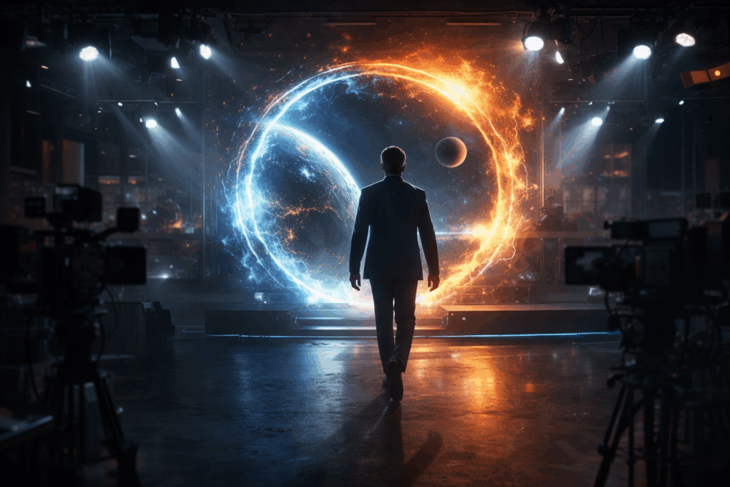 The portal reveal Victor Lang standing before a glowing portal revealing off-world expansion beyond the reach of Earth law