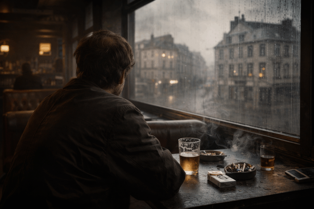 Authors Like Michel Houellebecq - Psychological Thriller Novels by Mark Bertrand, moody European psychological-thriller image of a solitary man in a dim café, beer and cigarettes on the table, staring through a rain-streaked window at a bleak cityscape