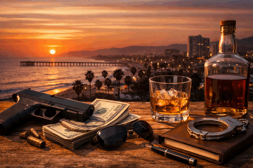 Authors Like Don Winslow - Psychological Thriller Novels by Mark Bertrand, cinematic sunset crime-thriller scene with coastal skyline, cash, whiskey, handcuffs, notebook, sunglasses, and pistol