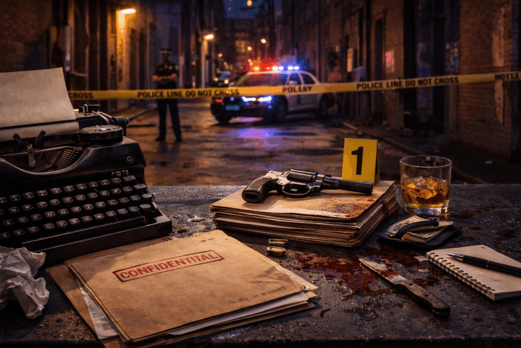 Authors Like James Ellroy - Psychological Thriller Novels by Mark Bertrand, gritty noir crime-thriller image with a vintage typewriter, confidential case files, revolver, whiskey glass, police tape, flashing patrol car, and blood-streaked evidence table
