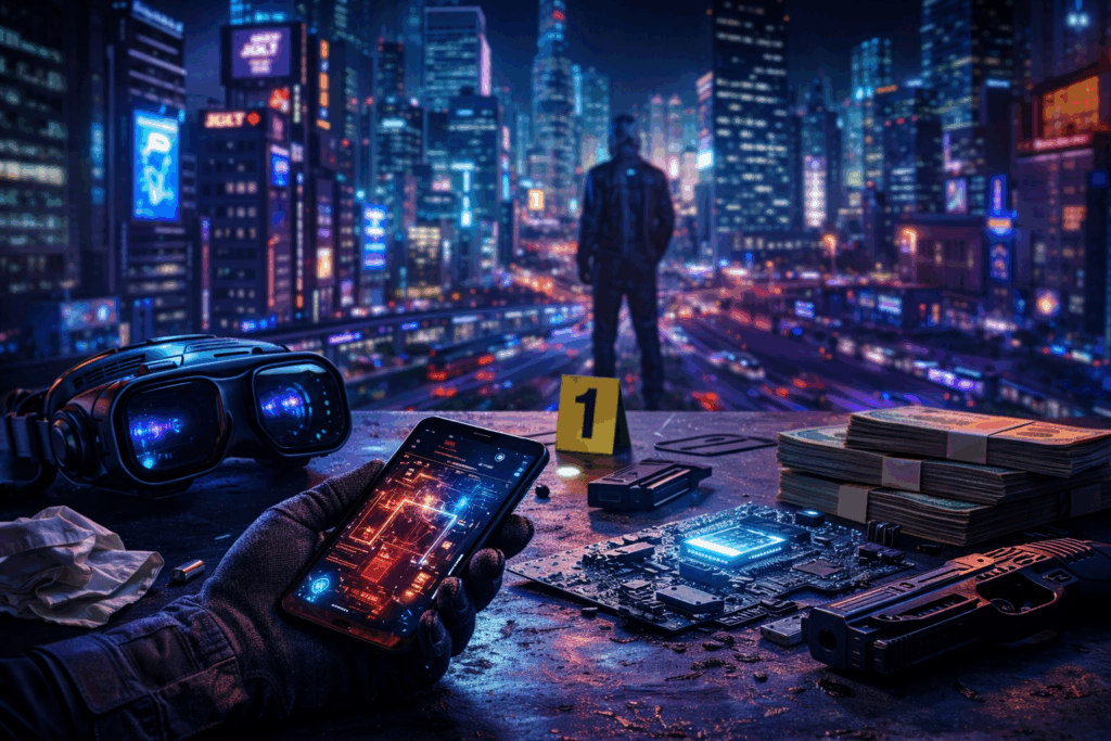 Authors Like William Gibson - Psychological Thriller Novels by Mark Bertrand, neon cyber-thriller scene with VR headset, smartphone, glowing circuit board, cash, weapon, and a lone figure above a futuristic city