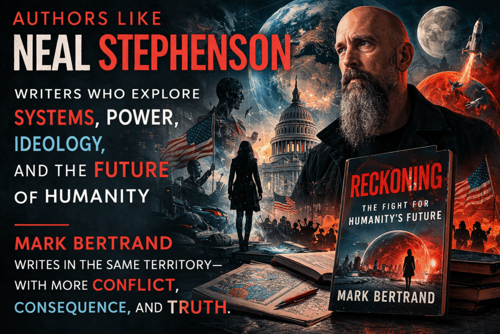 Authors like Neal Stephenson – political dystopian writer Mark Bertrand and the novel Reckoning exploring systems, power, ideology, and the future of humanity