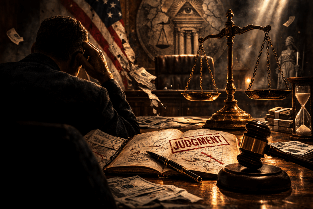 The hidden courtroom with brass scales, an open ledger, and a lone blurred observer facing the judge’s bench.