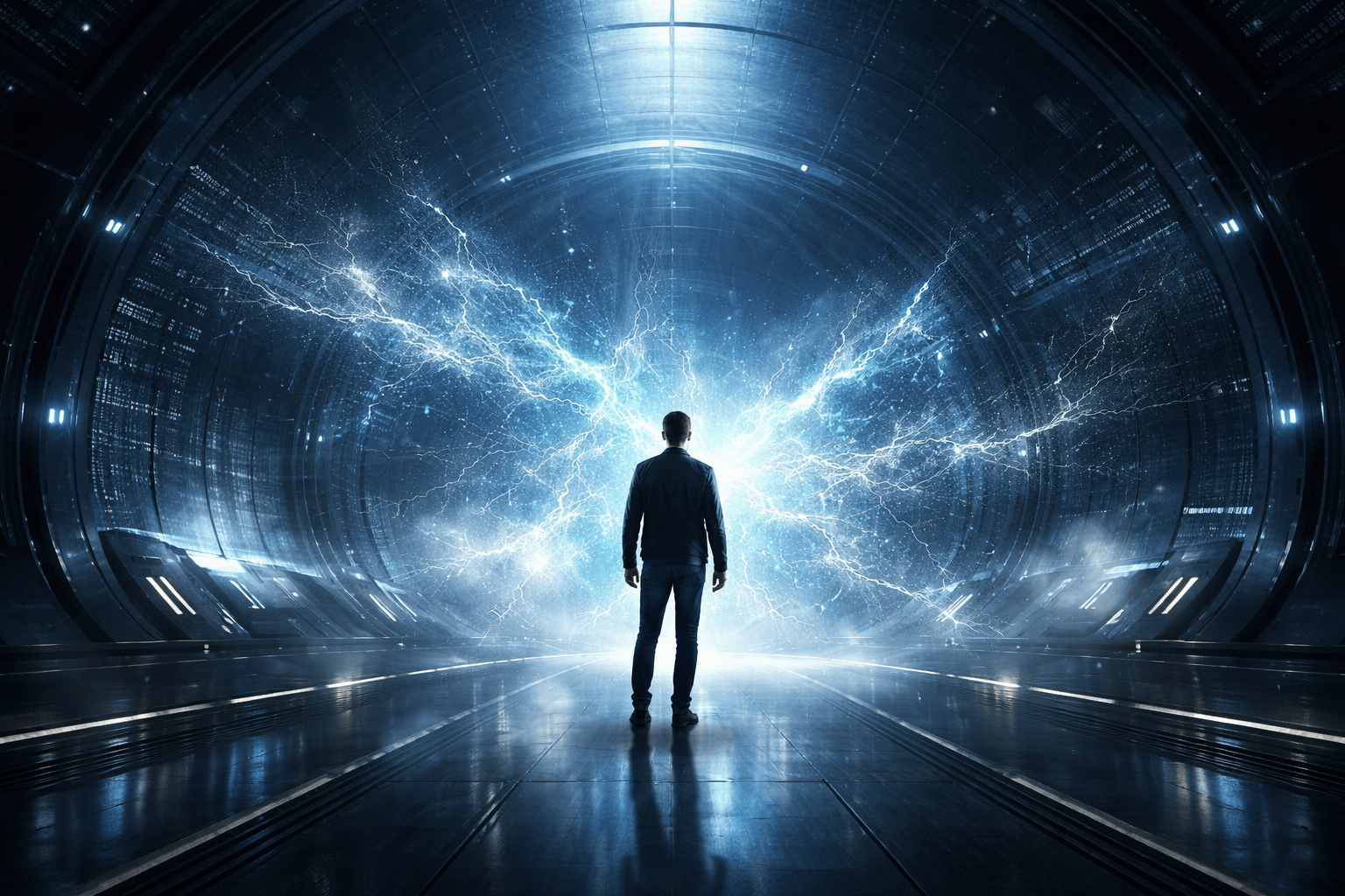 Authors Like Blake Crouch image showing a lone figure facing a luminous intelligence forming inside a futuristic system