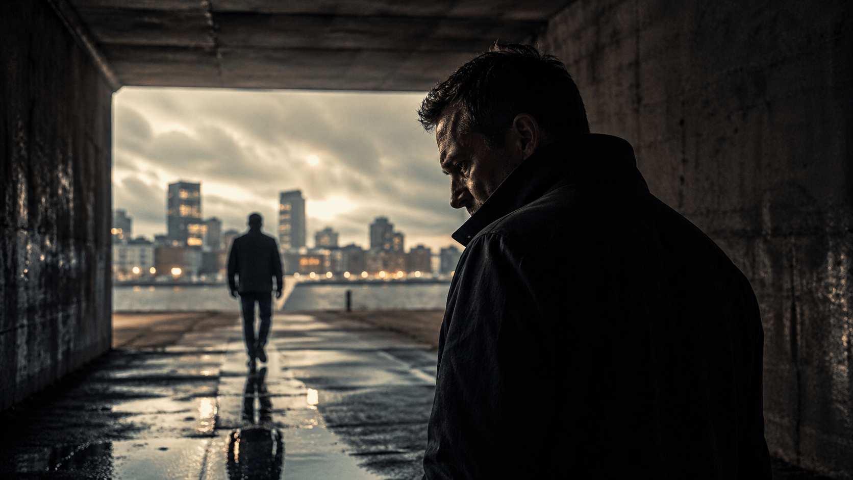 Authors like dennis lehane image of a man on a stree beneath a bridge on a stormy day