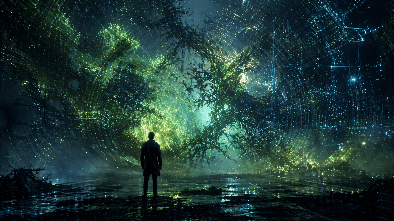 uthors Like Jeff VanderMeer image showing a lone figure facing an uncanny field blending organic growth and digital structure