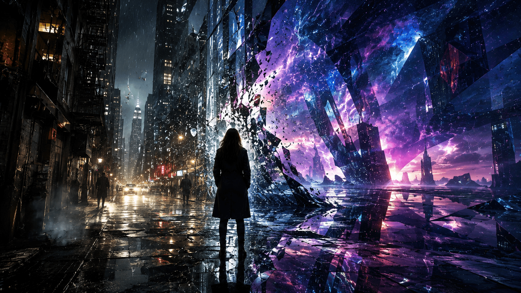 Authors Like Lauren Beukes image showing a lone figure in a rain-dark city where reality fractures into luminous speculative geometry