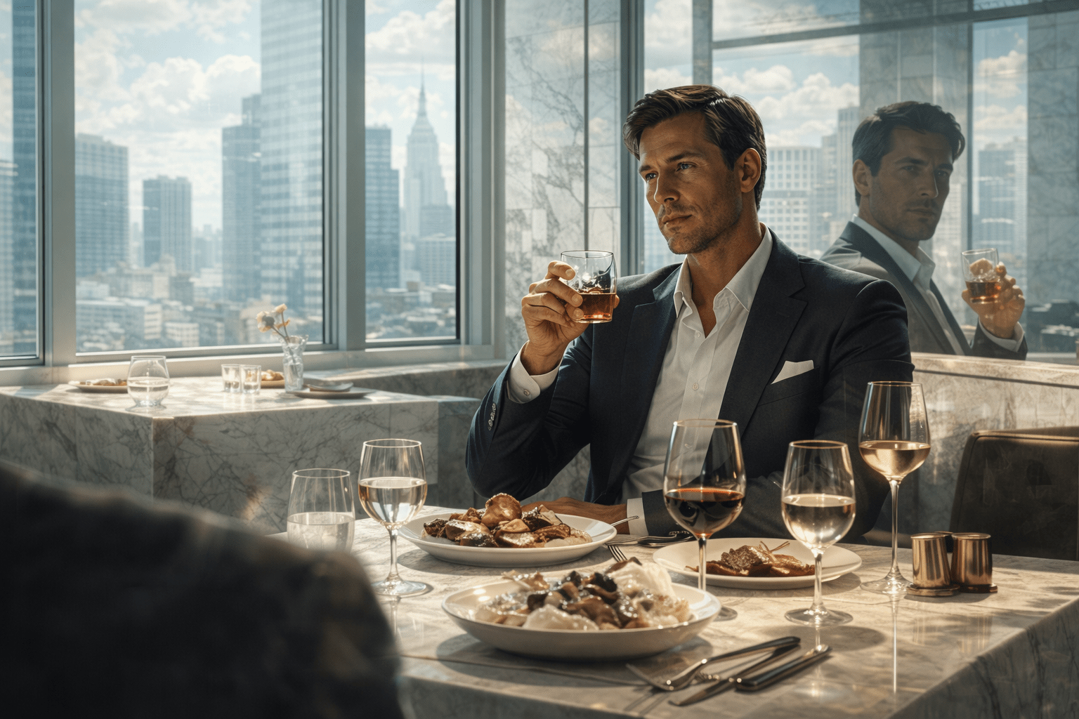 authors like Lawrence Osborne image of a man in reflection at a restaurant