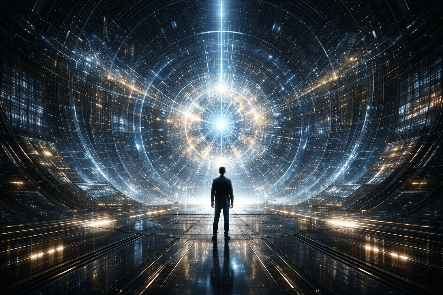 Authors Like Neal Stephenson article image showing a lone figure inside a vast futuristic systems chamber with an awakening intelligence implied through light and network structure