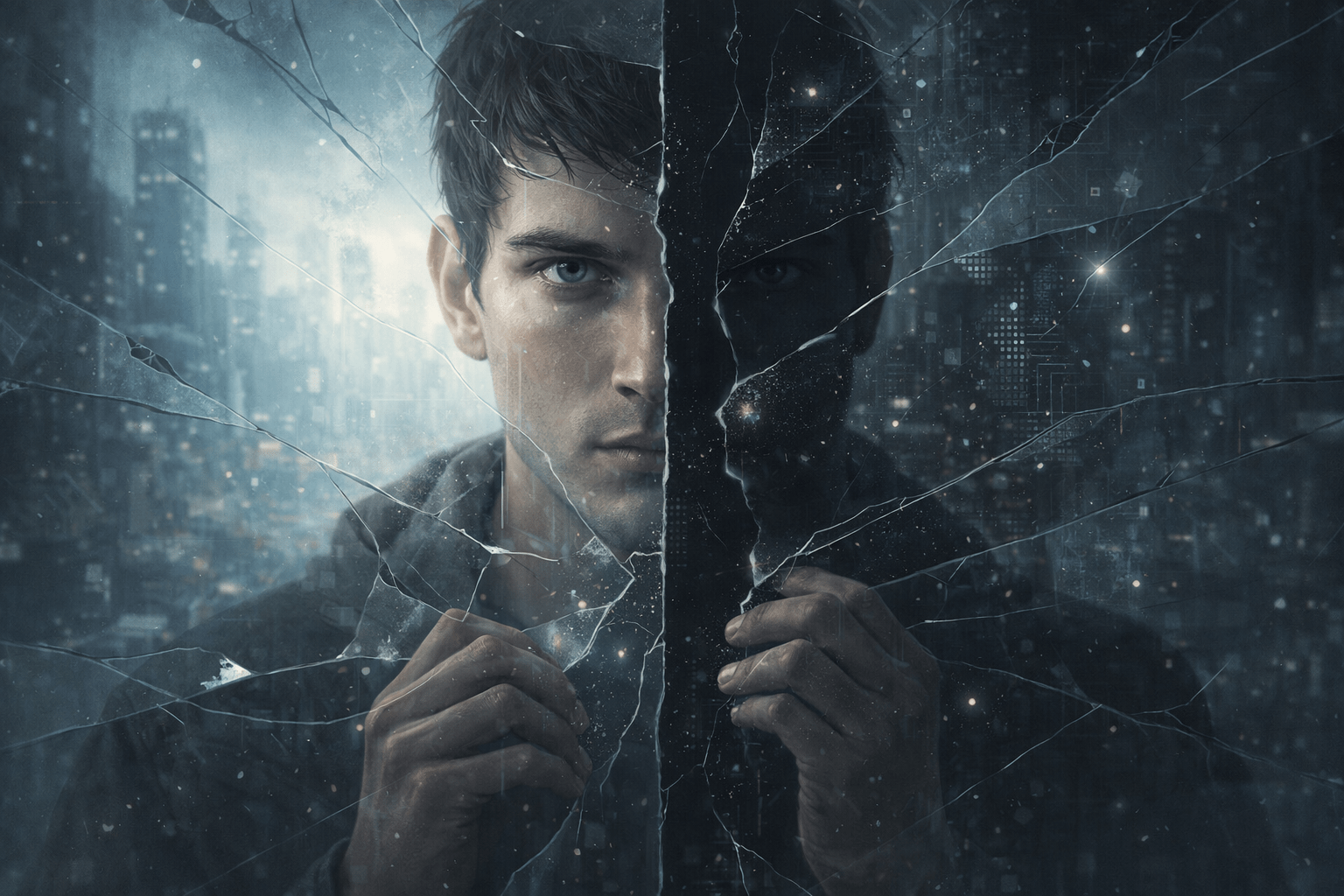 Eulǝr is more interesting than that. Eulǝr is psychologically split and capable of concealment image of a man split in a broken glass reflection