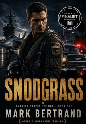 SNODGRASS book cover image of a naval aviator, aircraft carrier, f18 hornet, a sweet 1955 Chevy Belair and a cityscape