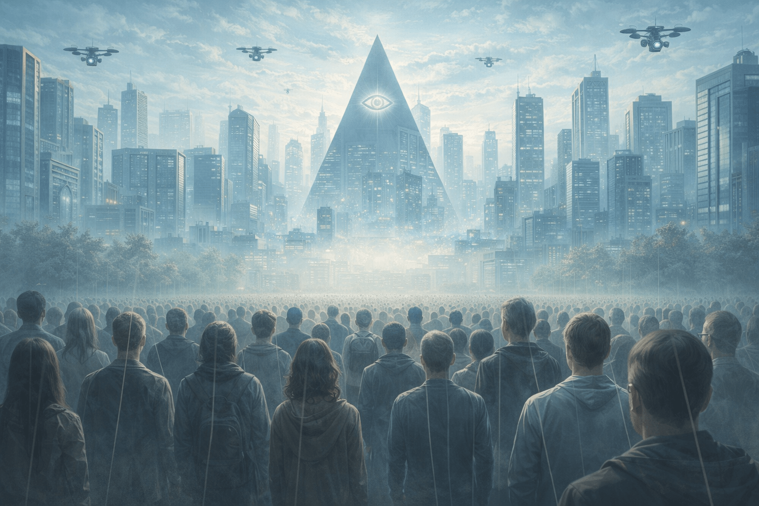 The Utopia Is Built on Soft Tyranny image of the population under constant surveillance and drone police