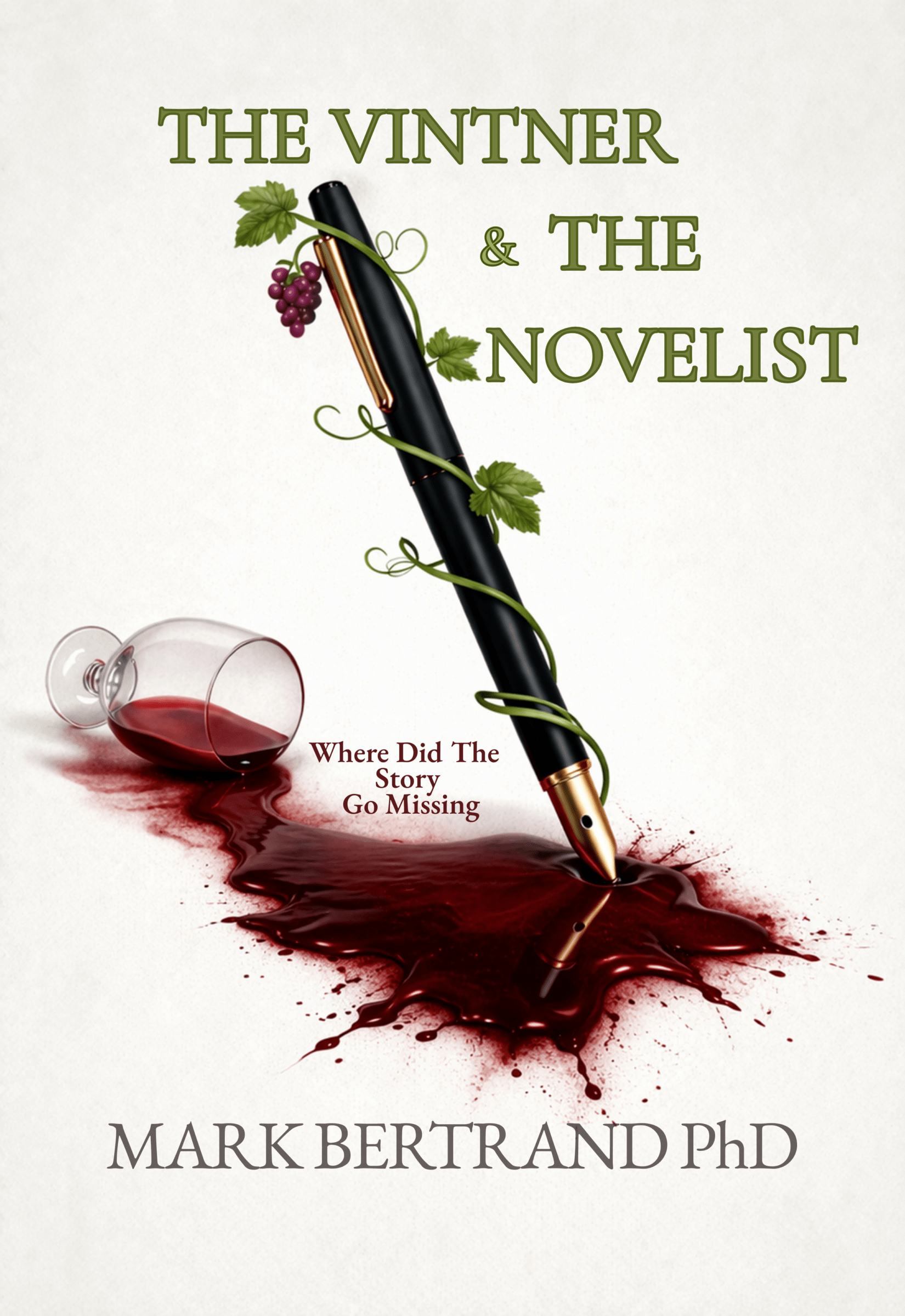 The Vintner and The Novelist by MARK BERTRAND COVER IMAGE OF A SPILLED WINE GLASS AND A VIVE WRAPPED PEN