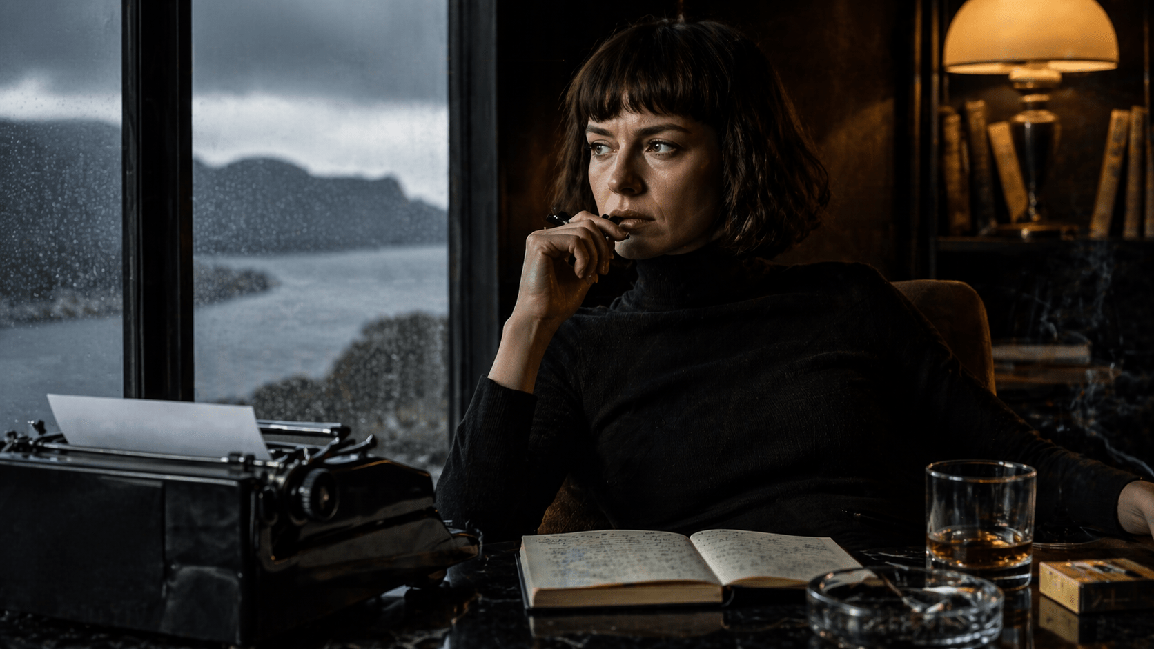 image for authors like Patricia Highsmith woman seated at a typewriter, gazing out a window.