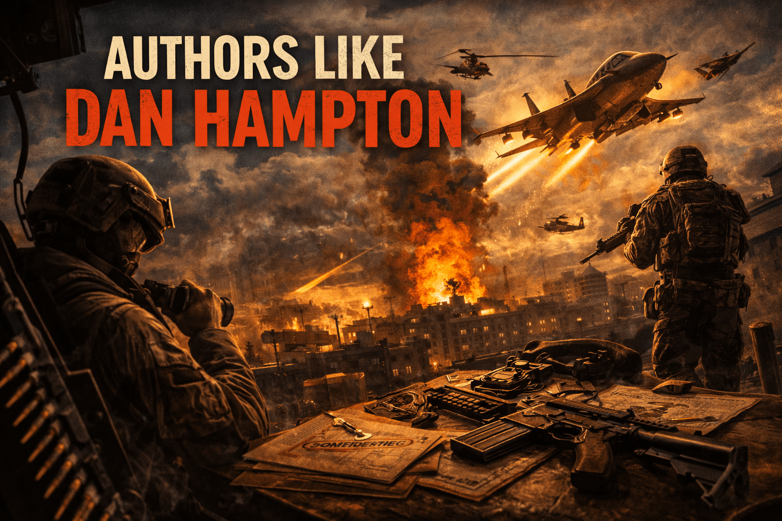 Authors Like Dan Hampton image showing a battlefield at dusk with fighter jets, helicopters, two armed soldiers overlooking a city under attack, and maps and weapons in the foreground.