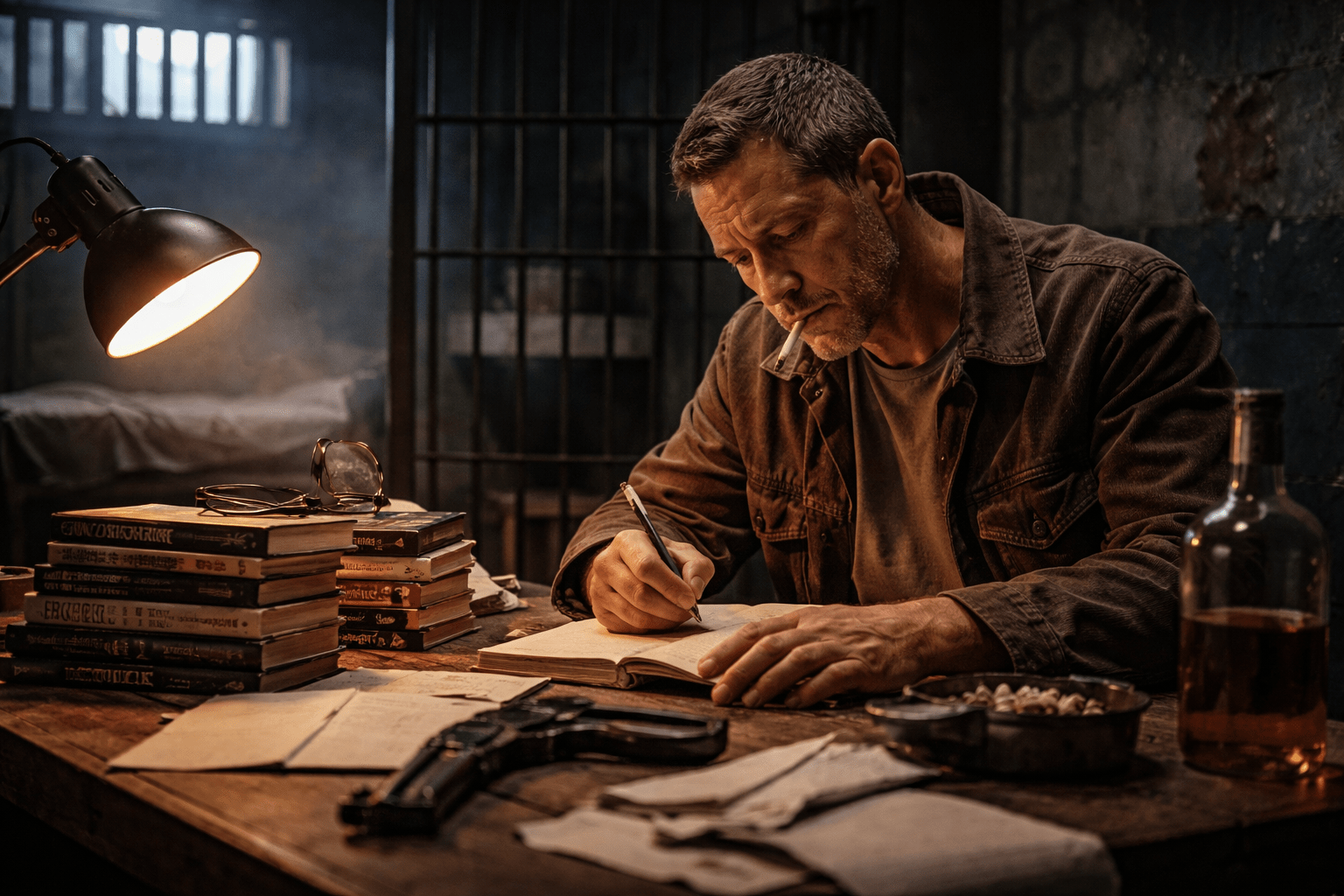 authors like edward bunker hero image of a man in a jail cell writing in a journal