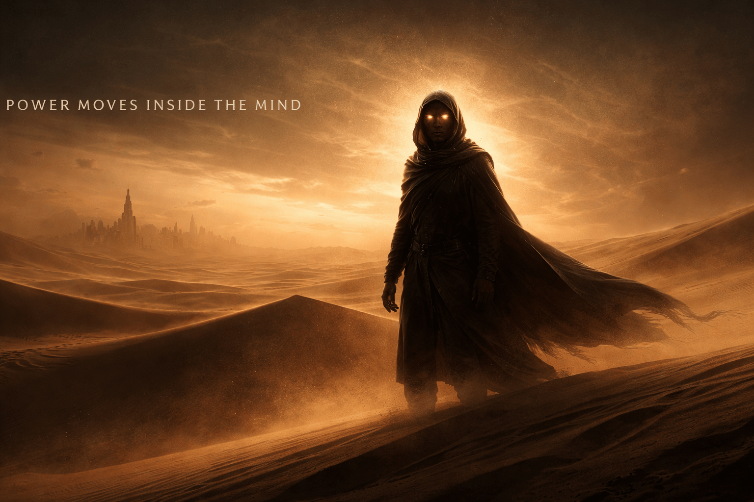 books like dune hero image with a sand walking being and city in the distance