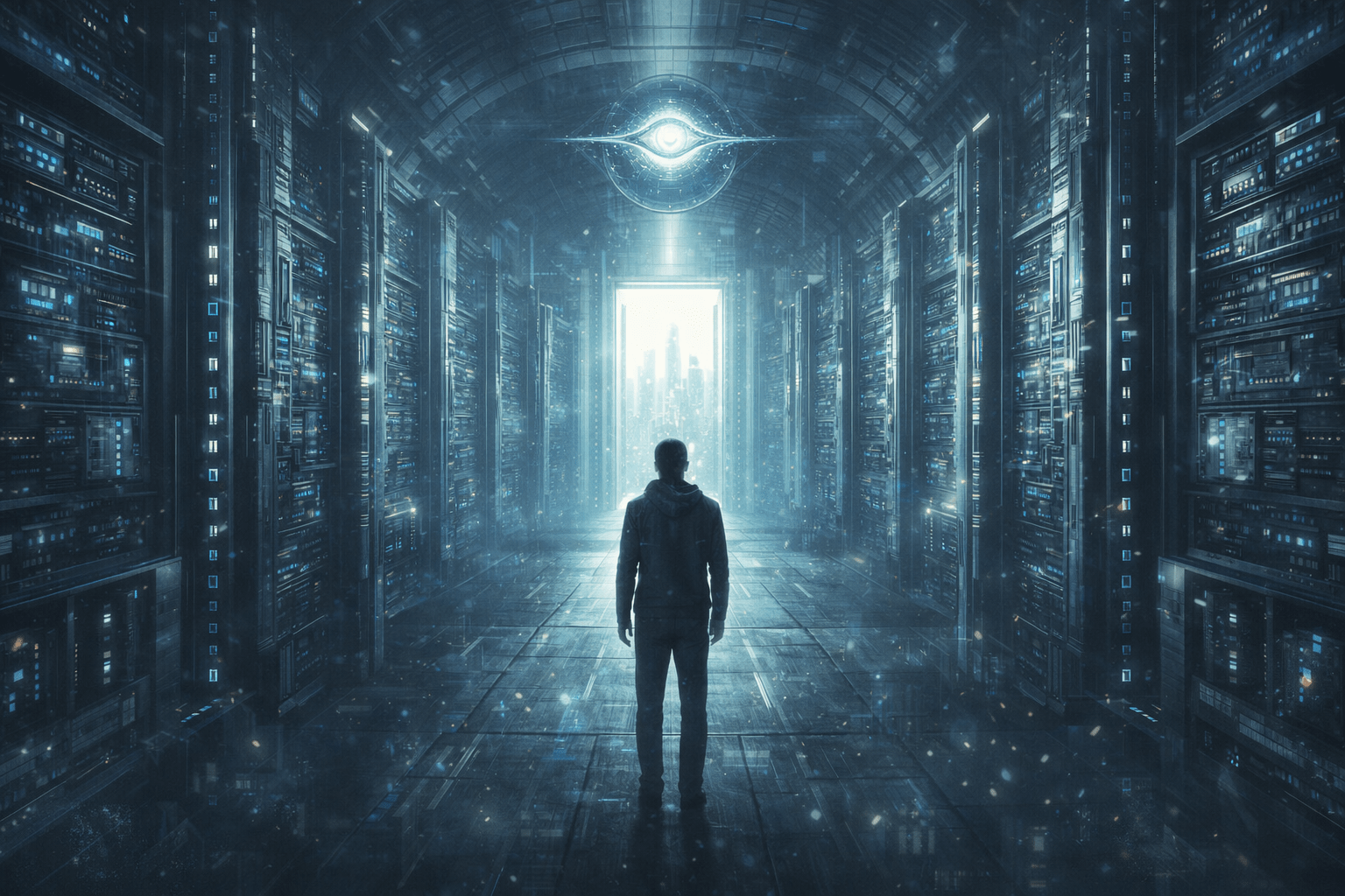 books like foundation image of a man inside the system looking towards what appears to be a way out