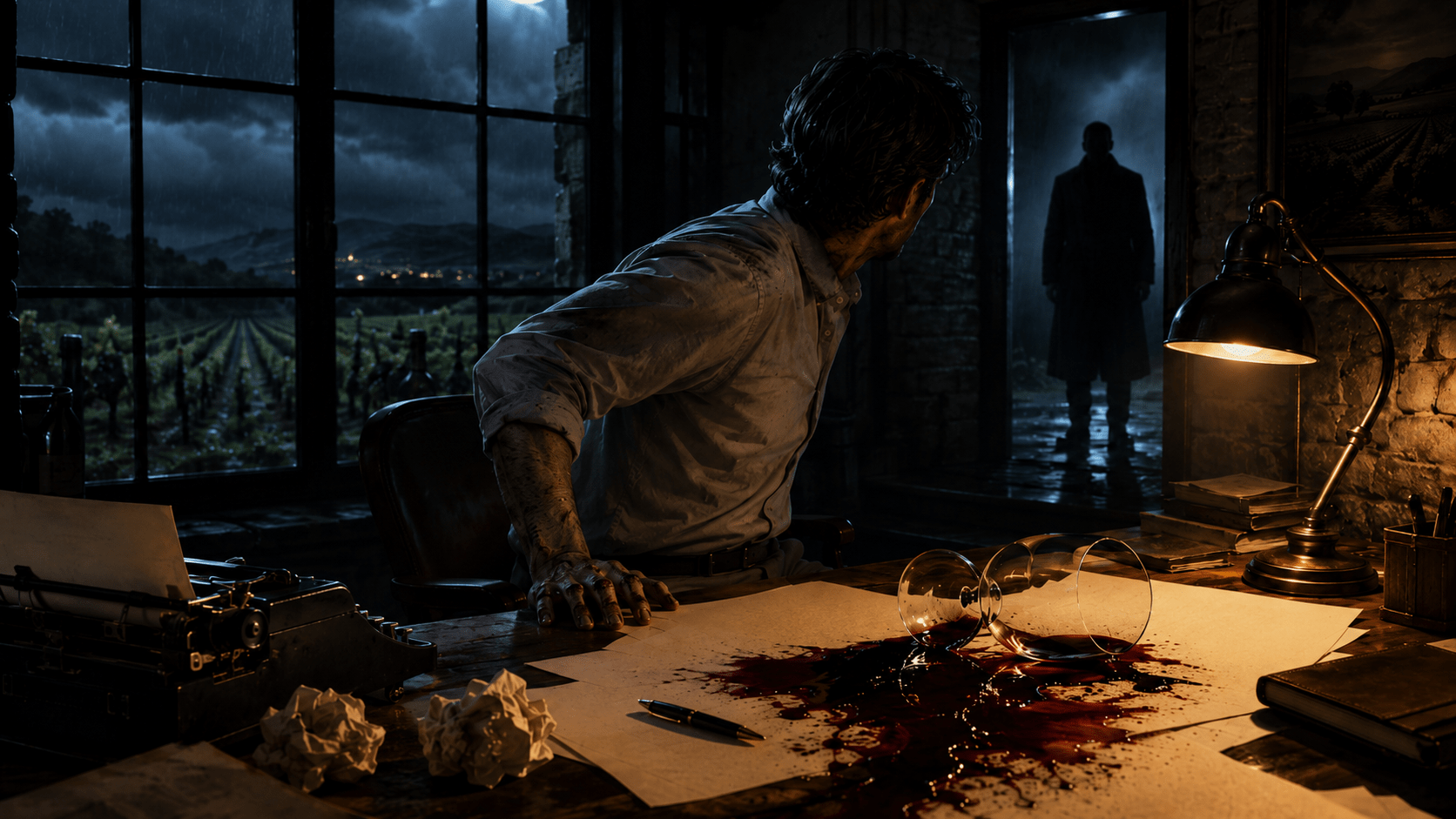 books like misery image of the vintner at his desk with an intruder at the door and spilled wine