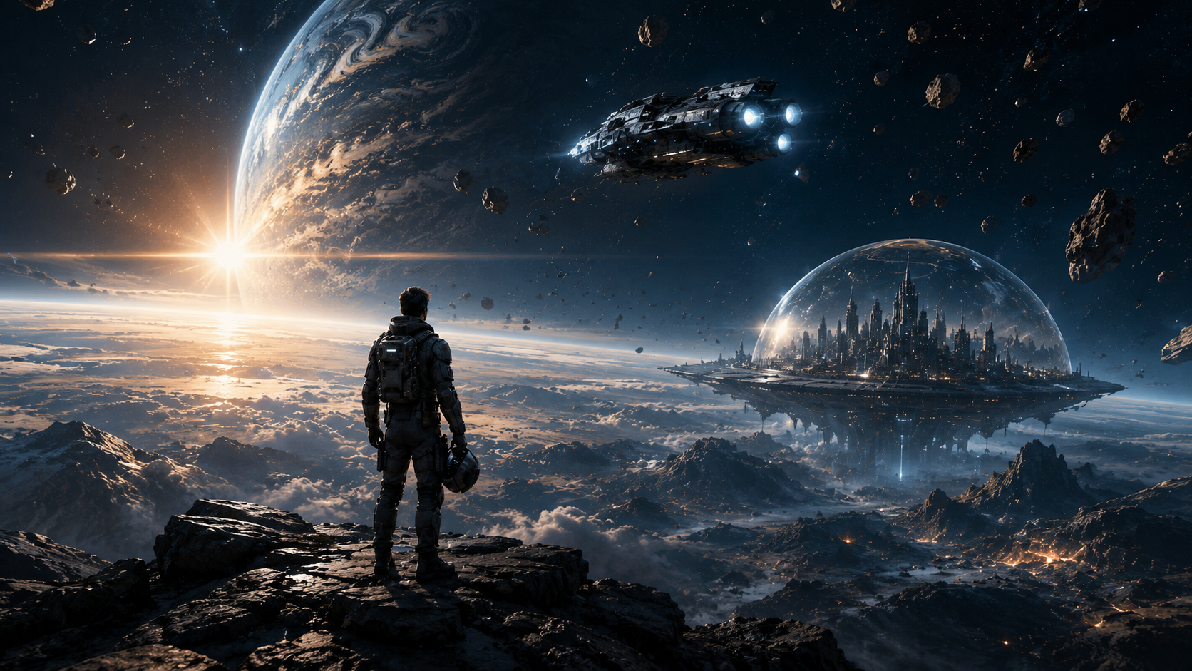 books like project Hail Mary Futuristic explorer overlooking alien landscape