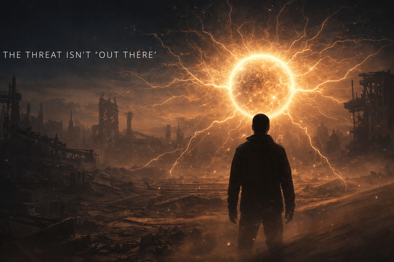 books like the three-body problem hero image of a lone figure stands in the foreground with his back to us, facing a devastated, industrial wasteland.