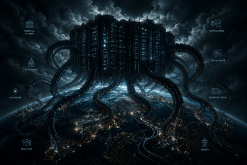 modern thriller image of a mega cloud factory plugged into the world
