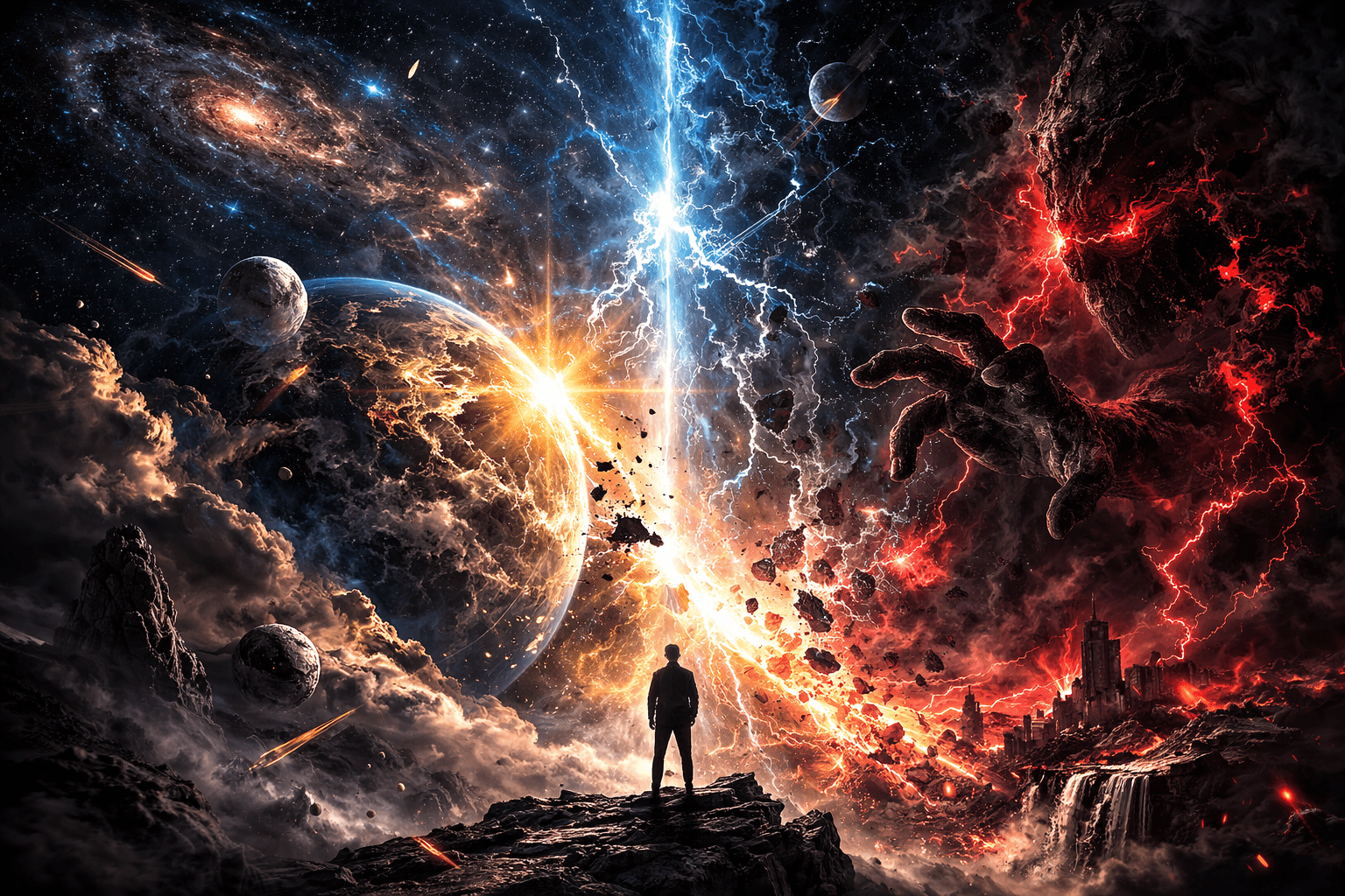 nirvanaing series image of a lone human figure stands at the edge of a fractured cosmic horizon where two universes collide. One side radiates order, light, and expanding galaxies. The other burns with chaotic energy, shattered worlds, and a hostile force reaching across the divide