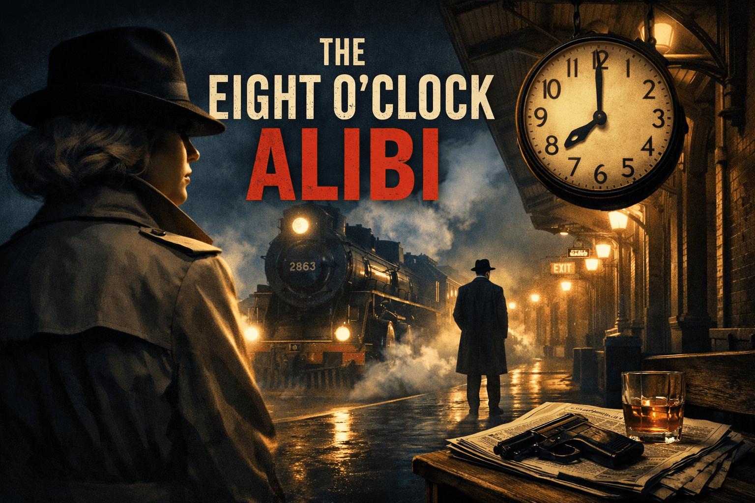 the eight o'clock alibi cover image showing a foggy noir train platform at night, a large clock near eight o’clock, a steam locomotive, a shadowed man, and a pistol with whiskey on a table.