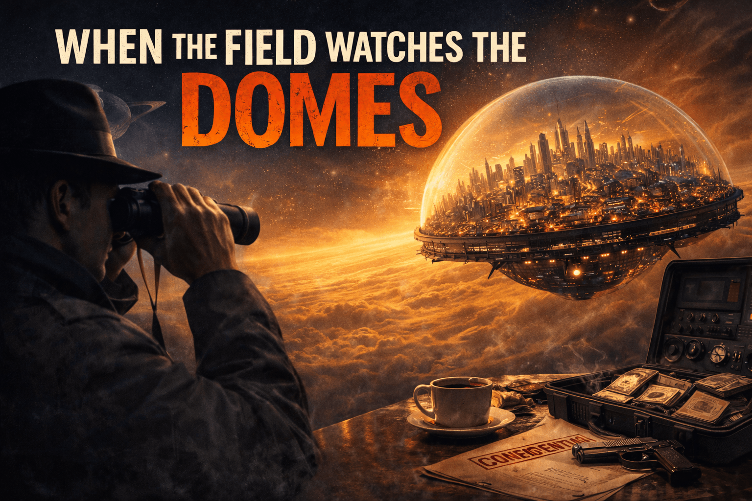 When the Field Watches the Domes showing a vast floating domed city glowing above the clouds of a gas giant while a shadowed observer watches from the foreground.