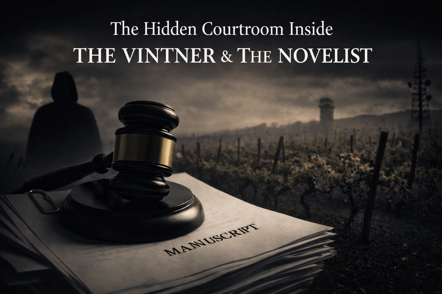 the hidden courtroom image is A dark, minimalist thriller image of a manuscript and vineyard imagery suggesting judgment, custody, and a hidden courtroom inside The Vintner & The Novelist.