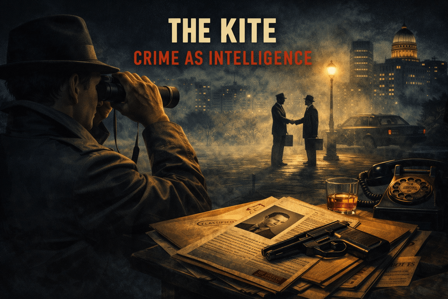 The Kite: Crime as Intelligence cover image showing a man in shadow using binoculars to watch a covert nighttime meeting, with dossiers, a pistol, a whiskey glass, and a black telephone in the foreground.