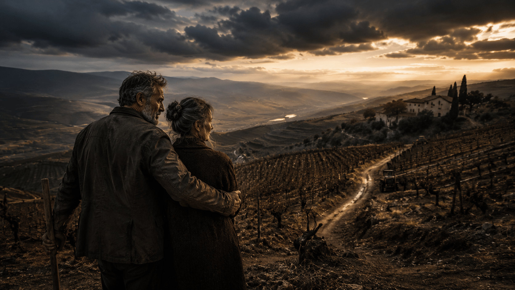 the marriage that makes every page cost more image alone. A cinematic image of an older couple overlooking a winter vineyard, suggesting shared sacrifice, marriage, and emotional cost in The Vintner & The Novelist.