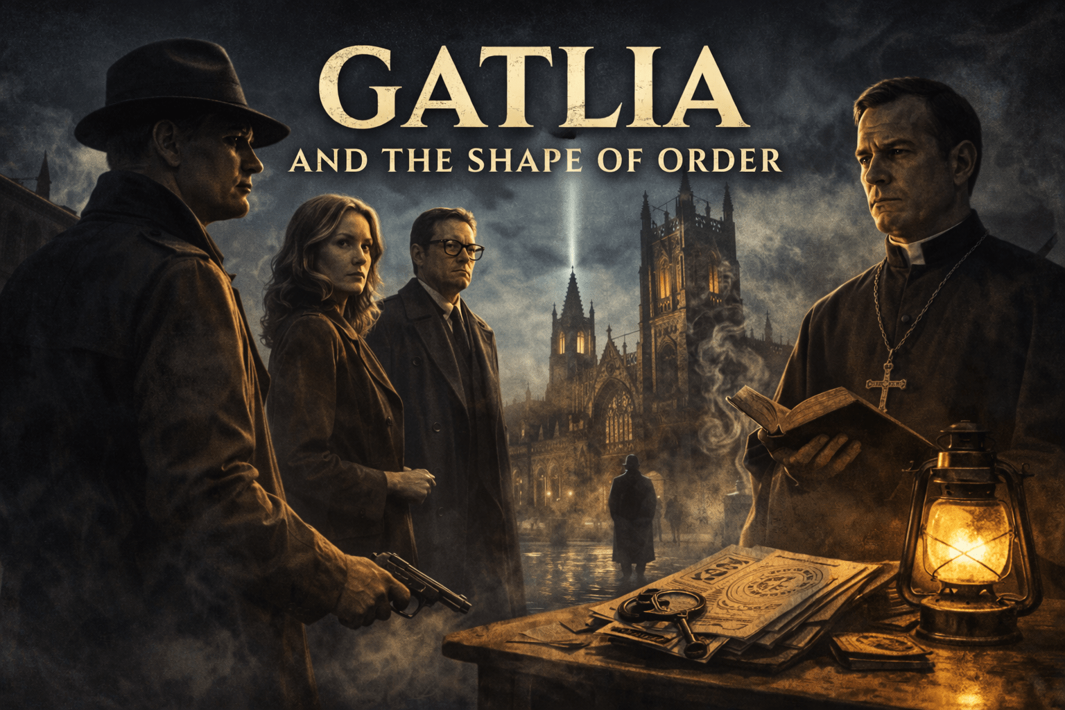 Gatlia and the Shape of Order cover image showing four figures in a dark, foggy city before a Gothic cathedral, including a priest holding an open book, with a lantern, documents, and a noir atmosphere.
