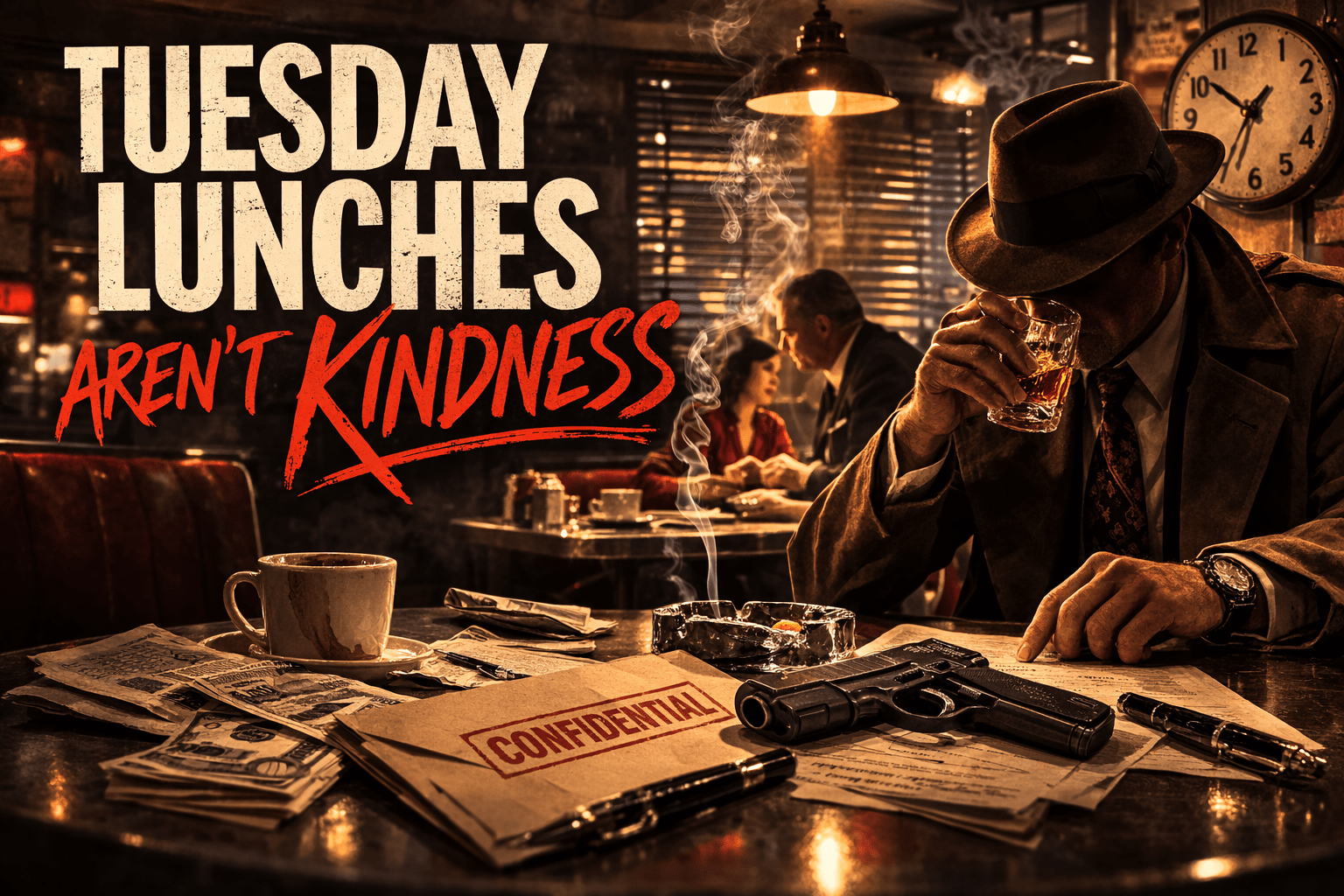 Tuesday Lunches Aren’t Kindness cover image showing a tense man and woman facing each other across a dim restaurant table, with coffee, a whiskey glass, a handgun, a newspaper, and a black rotary phone in the foreground.