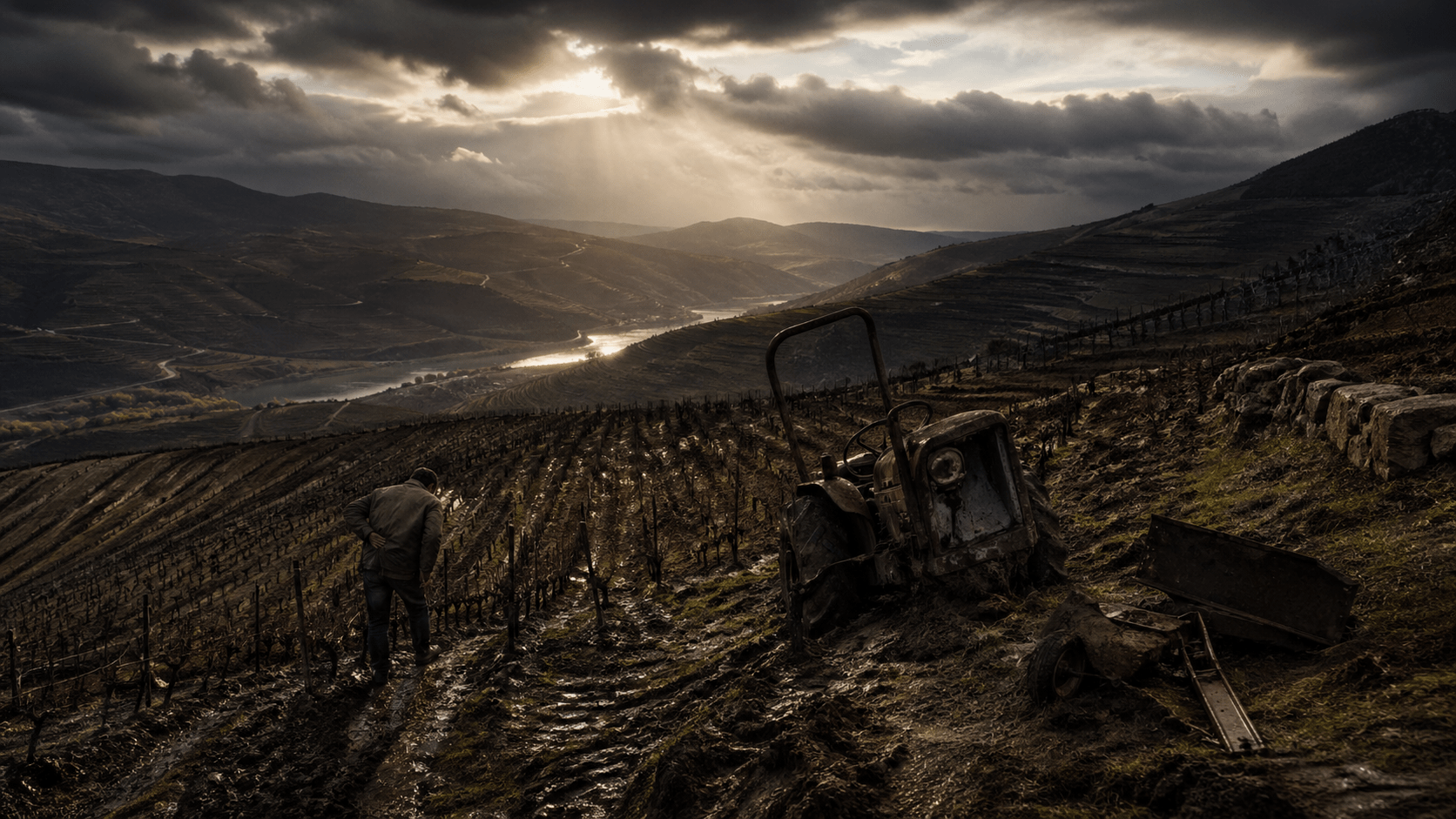 Why the Vineyard Is the Real Clock in The Vintner & The Novelist image of a steep hiiside vinyard and a stormy sky